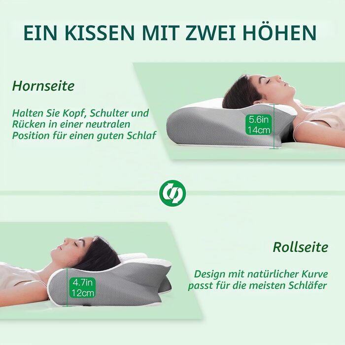Ергономічна подушка для шиї та голови 2 в 1 з ефектом пам'яті Memory Foam, сіра (60x40x12/14 см)