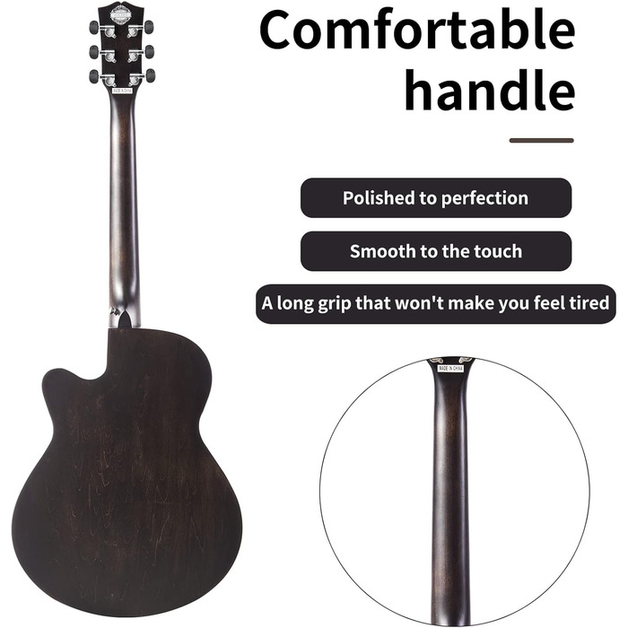 Акустична гітара Soldin 40 дюймів Premium з масивної соснової верхньої деки. Комплект: гітара, підставка, тюнер, ремінь, каподастр, струни, серветка для чищення, медіатори (Чорний)