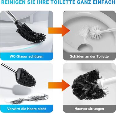 Набір щіток для унітазу Fowooyeen: 2 шт., чорний, без свердління, з тримачем, силікон, плоска головка у формі серця