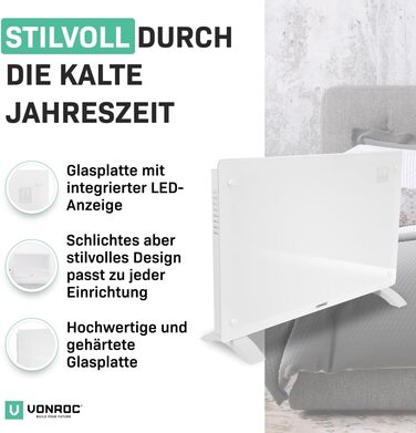 Електричний конвекторний обігрівач VONROC 2000W - для кімнат до 24м² - настінний/підлоговий монтаж, ручне/APP керування, білий