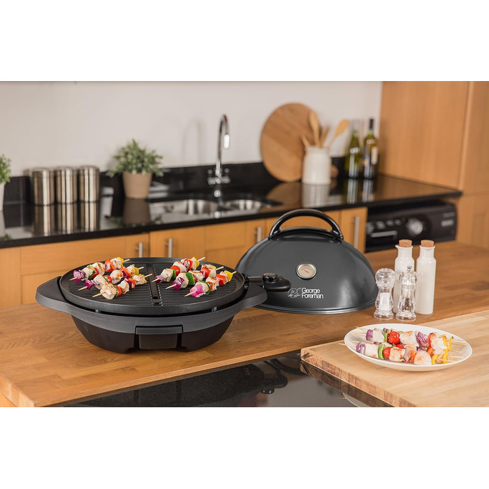 Електричний гриль George Foreman 2в1: напільний і настільний, для дому та балкона, круглий, 44,5 см, 2400 Вт, з термометром і піддоном для жиру, чорний