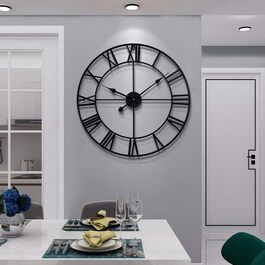 HAITANG Large Vintage Style Wall Clock, Black Round, Metal Silent Non-Ticking, Battery Powered, 40cm, 16 Inch Roman Numerals, Clocks for Living Room, Bedroom, Kitchen Wall Clock Decoration