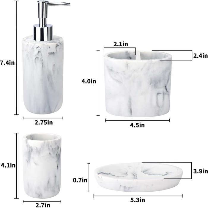 Набір аксесуарів для ванної кімнати L'ARL GMVOI, 4 шт., мармуровий набір аксесуарів для ванної кімнати з тримачем для зубних щіток, дозатором мила, склянкою, мильницею для декору ванної кімнати, білий