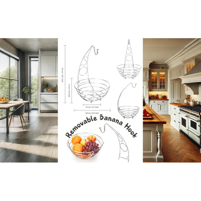 Металева фруктова корзина Exzact з тримачем для бананів, 41 см, срібляний хром