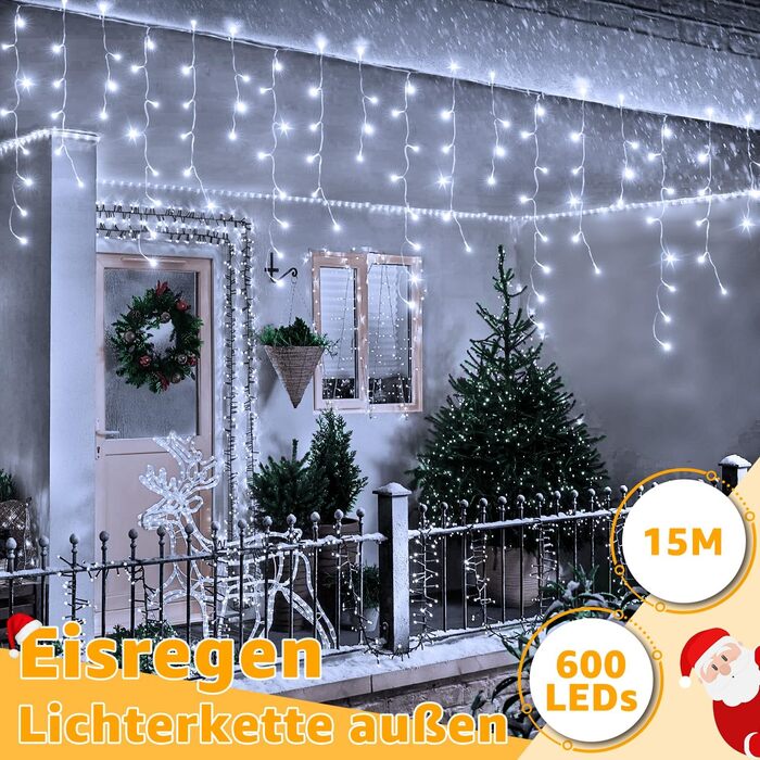 Ланцюжок прикрас з LED-підсвічуванням Ollny Eisregen 15м, 600 LED, для зовнішнього використання, з пультом, водонепроникний, 8 режимів, тепле біле світло, для балкона, даху, вікна, дому, ковадла