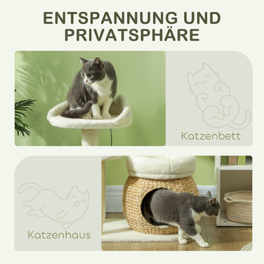 PawHut Драбина для котів з будиночком, ігральними кульками та платформами, вкрита сизалевим та соломовим волокном, до 10 кг, 60 x 40 x 79 см, кремово-білий