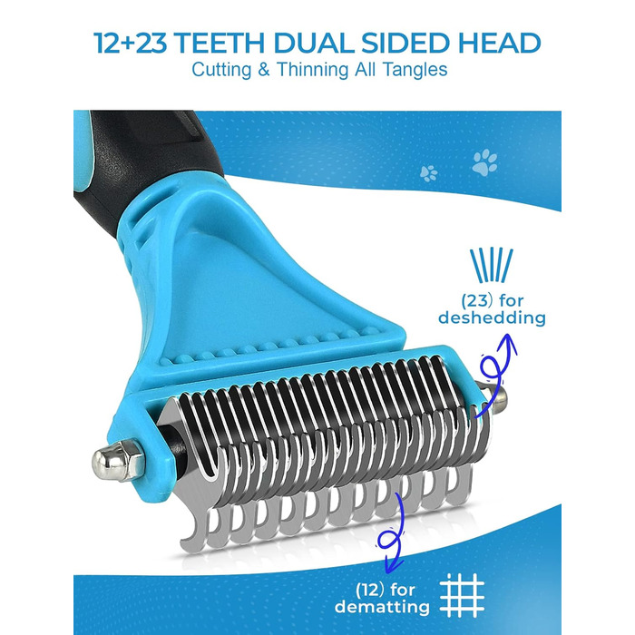 Щітка для собак та котів, гребінець для тварин з нержавіючої сталі 12+23 зубчики, двостороння для видалення шерсті та розплутування вузлів (Large, блакитний)