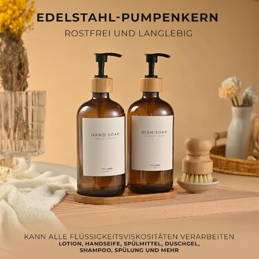 Набір дозаторів для мила та рідкого миючого засобу MaisoNovo | 2 шт. скляні дозатори 500 мл з бамбуковою помпою | Білий колір