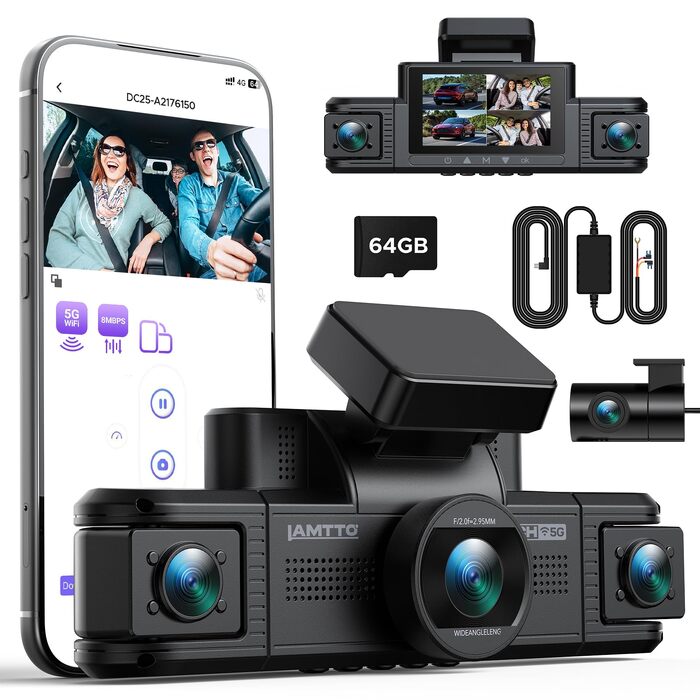 Автомобільний відеореєстратор LAMTTO 4K 360°: 4 канали (перед, зад, салон, боки), 2K передня камера, 1080P, 5GHz WiFi, нічна ІЧ-зір, датчик удару G-сенсор, паркувальний моніторинг, з карткою 64GB та Hardwire-kit