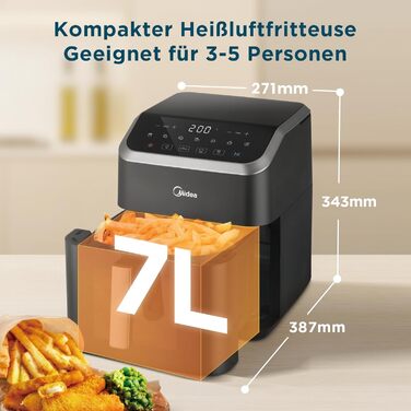 Фритюрниця Midea з гарячим повітрям 7 л, HeatXpress, 90% менше олії, енерго- і заощадження часу, 7 програм, оглядове вікно, антипригарна, чорна