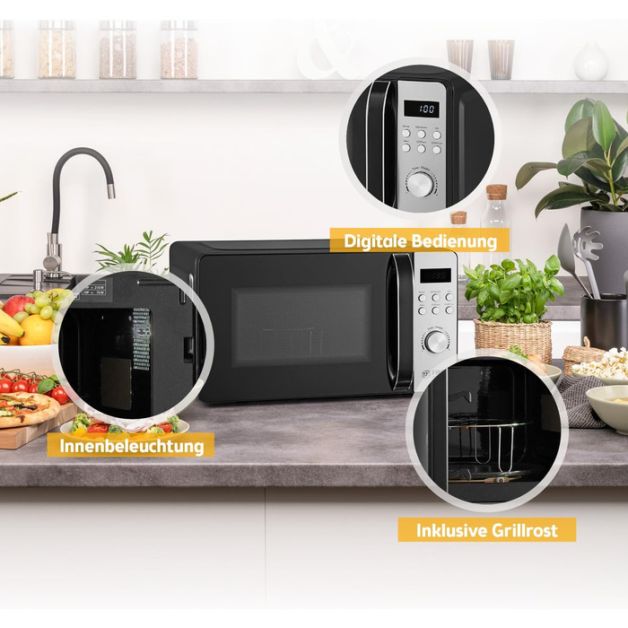 Мікрохвильова піч з грилем TZS First Austria 20L - 2-в-1, 700/800W, 8 програм, LED-дисплей, нержавіюча сталь, захист від дітей, чорний