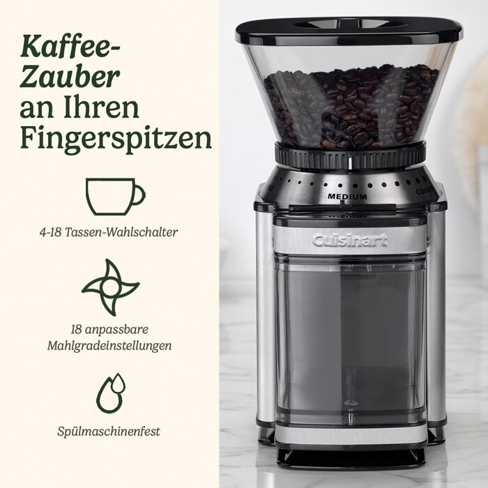 Кавомолка Cuisinart для дому: 4-18 чашок, 18 ступенів помолу, для еспресо, колд брю, лате, капучино, нержавіюча сталь