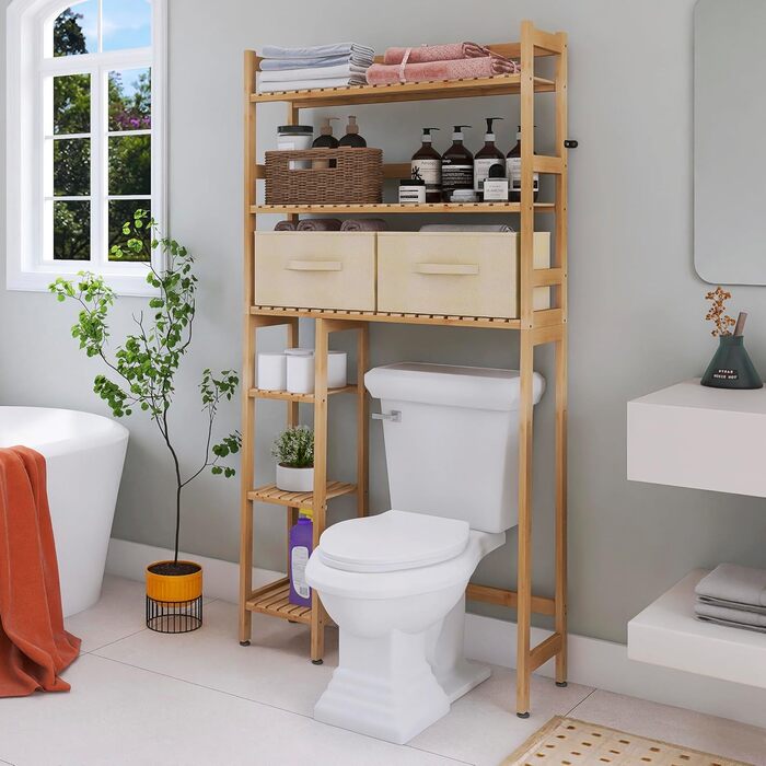 SMIBUY Over The Toilet Storage, 6-Tier Bamboo Bathroom Shelf with Drawers, Freestanding Over the Toilet Organizer Rack, Ample Storage, Space Saver for Small Spaces (Natural)