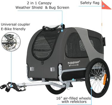 DOGGYHUT® Преміум візок для собак 2-в-1: візок-бугель для собак до 23 кг (Сірий)