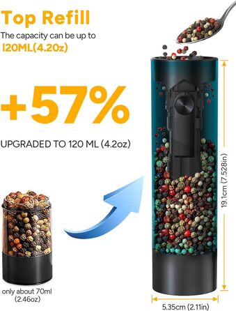 Електричні соляні та перечні млини, верхнє завантаження, 5-рівневе регулювання помелу, об'єм 120мл, набір 2 шт. з підсвічуванням LED