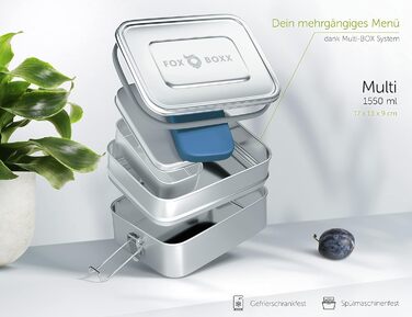 Stainless Steel Lunch Box Premium | Multi 1550ml STACKABLE | 2 Tiers + 1 Divider + 150ml MiniBox & 2 x Lids + 5 DECOR Color Rings | Smart Clips + 2 x Seals | Airtight Lunch Box