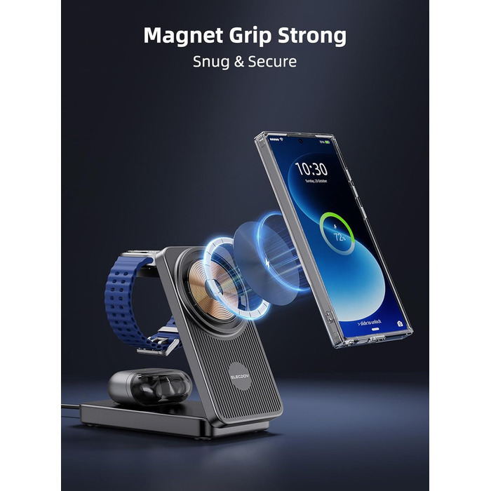 Бездротова зарядка 3-в-1 MagSafe для Samsung Galaxy S25 Ultra та інших моделей, з підтримкою годинників та навушників