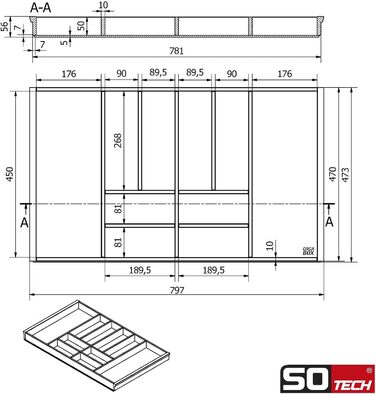 Бамбуковий органайзер Orga-Box 3 для столових приборів, 10 відділень, для шухляди 90 см (473x797 мм), вставка з дерева для кухонь Nobilia після серпня 2012 року