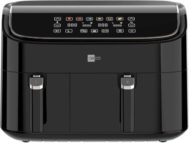 AECO DUO двокамерна аерофритюрниця 9 л (3+6 л), цифровий дисплей, синхронізація, дегідрація, 2850 Вт, 80-200°C, 6 програм, книга рецептів