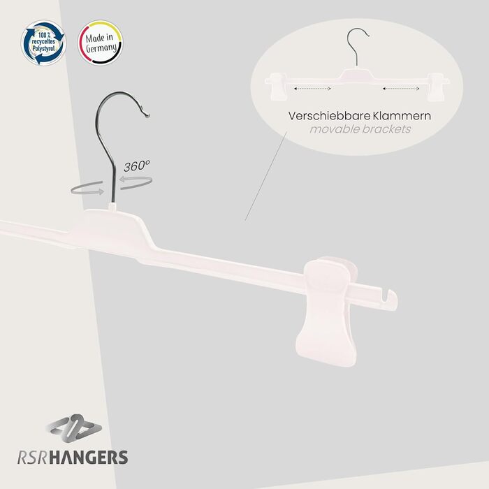 Вішалки для штанів RSR-Hangers® білі, 20 шт, XL PUC, пластикові пліччики з регульованими протиковзкими затискачами, 42 см, поворотний гачок 360°, Made in Germany