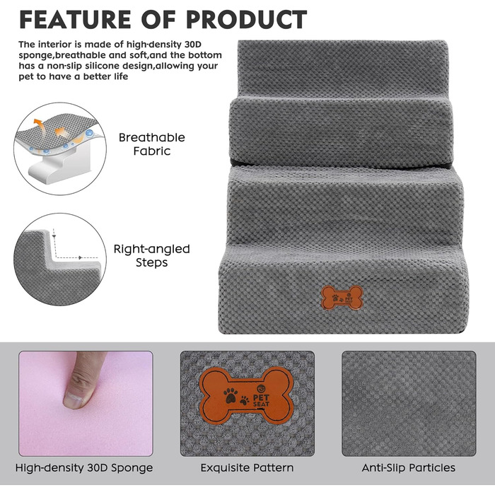 Сходинки для собак маленьких порід, 4 сходинки, 44 см, знімні, миючіся, з м'якого пінополіуретану, антиковзні, для ліжка/дивану/автомобіля