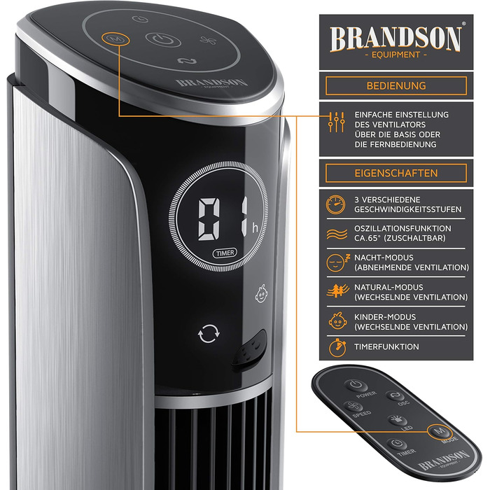 Вентилятор підлоговий Brandson Titan 108cm з пультом керування, нахил 10°, 4 режими, 3 швидкості, сталевий колір