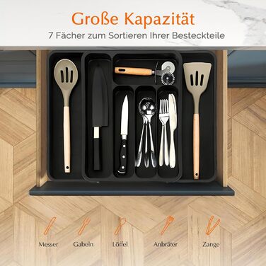 Органайзер для столових приборів в шухляду (28-47.5 см, XXL, чорний) - Розсувний лоток для ложок, виделок, ножів