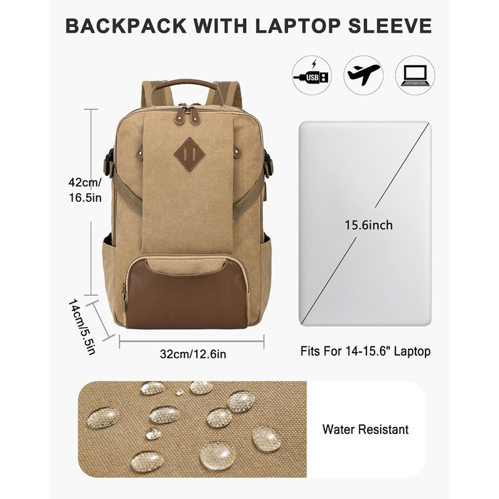 Чоловічий рюкзак для ноутбука 15.6 дюймів, Vintage, водонепроникний, з USB-портом, для подорожей, роботи та навчання (Хакі)
