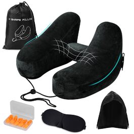 Подушка для шиї в літак, авто: надувна з капюшоном, для дорослих, Travel Pillow, чорна