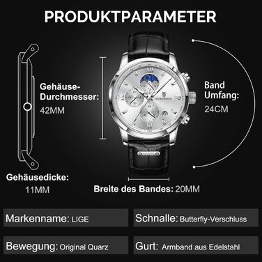 Годинник чоловічий LIGE Retro з шкіряним ремінцем, 3ATM, водостійкий, аналоговий, з датою, місячними фазами (чорний / білий)