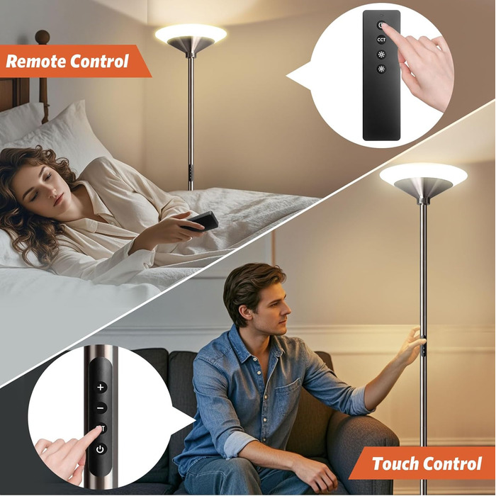 LED торшер BBHome для вітальні з регулюванням яскравості, 27W, з лампою для читання 6W, дистанційним керуванням та сенсором, 3000K-6500K, срібний