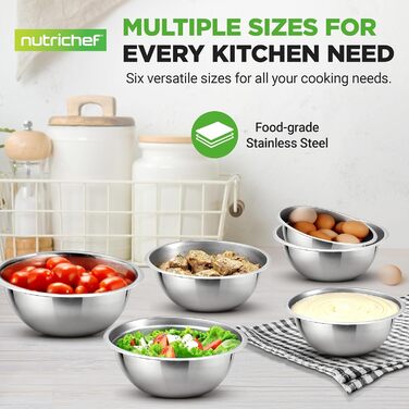 Набір місок для кухні NutriChef, 6 шт., з нержавіючої сталі, стекуються, для приготування та сервірування їжі