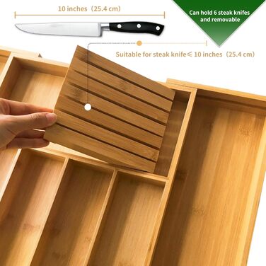VaeFae Bamboo Cutlery Box for Drawers, Expandable Drawer Organizer Kitchen, Cutlery Insert for Drawers with Knife Block, Adjustable Wooden Cutlery Box
