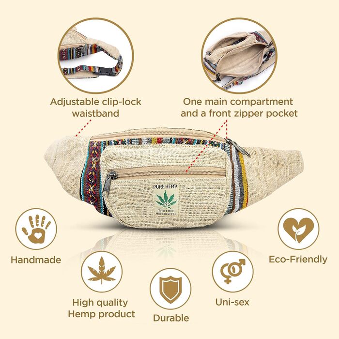 Чоловіча та жіноча поясна сумка Freakmandu з льону – фанні-пак, сумка через плече в бохо стилі, ручної роботи, для піших прогулянок, бігу, чоловіків та жінок, універсальний розмір