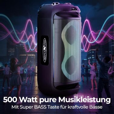 Reflexion PS09BT Bluetooth Портативна Акустика для Вечірок, DJ, Караоке, 500 Вт, FM Радіо, LED Ефект, Мікрофон, Вбудований Акумулятор, Чорний
