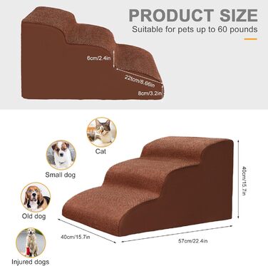 Dog stairs for small dogs, 3 steps pet stairs, cat stairs, sponge dog ramp for sofa bed, dog steps with removable cover, washable pet ladder, includes lint roller (Brown)