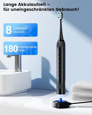 Електрична зубна щітка звукова 5 режимів, таймер 30с, відбілює зуби за 2 тижні, 8 змінних насадок, IPX7, чорний