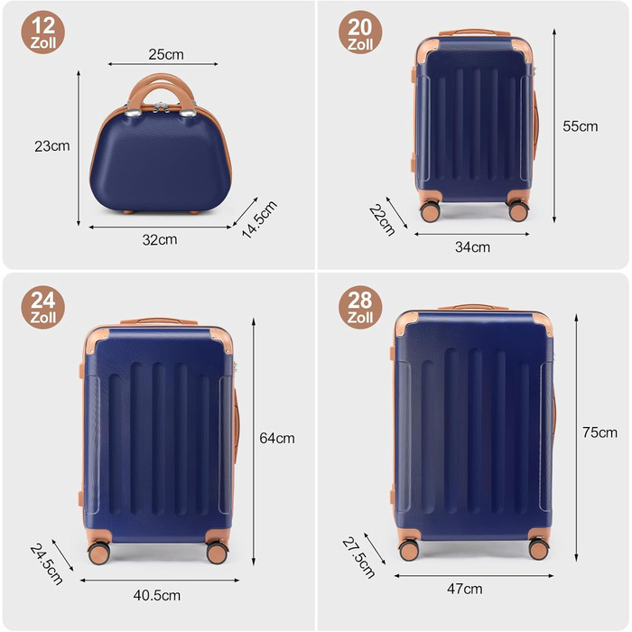 Набір валіз LALAHO 4 шт. з косметичками, з ABS пластику, рожевого кольору (темно-синьо-коричневий, в смужку)