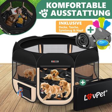 LOVPET® Foldable Pet Playpen with Food Bowl & Fleece Blanket - Indoor/Outdoor Dog & Cat Pen, Pop-Up Crate, Oxford Fabric, Grey/Black