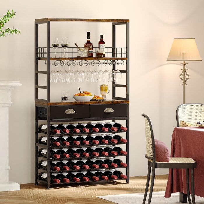 Homeiju Wine Rack, Freestanding Floor, Bar Cabinets for Liqueurs and Glasses, 4-Tier Bar Cabinet with Tabletop, Glass Holder, Storage Drawer and Wine Storage for Living Room, Kitchen, (Retro Black Brown)