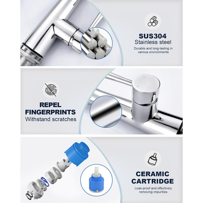 Змішувач кухонний iVIGA висувний з дощувачем, водоспад, 360° поворот, 3 режими, брашований нікель