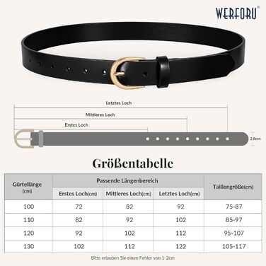 Жіночий шкіряний ремінь WERFORU для джинсів, спідниць та суконь з золотою пряжкою (чорний, 110 см, під талію 85-97 см)