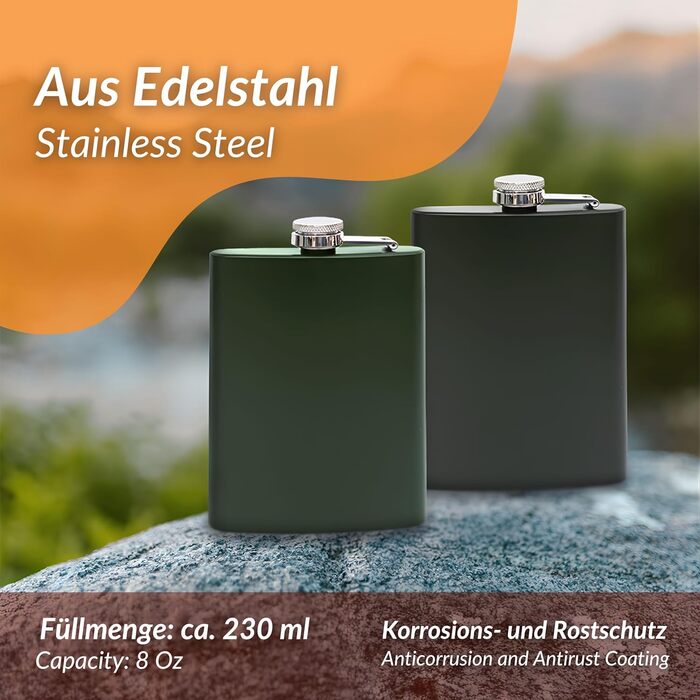 Набір з 2 флаконів з нержавіючої сталі (8oz/227ml) з воронкою - чорний/зелений - мілітарі дизайн - для алкоголю
