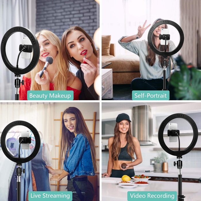 Ринглайт LED 10 дюймів зі штативом для смартфона, з пультом керування, USB, 3 режими світла, 11 рівнів яскравості, для макіяжу, стрімінгу, селфі, відеодзвінків, влогів