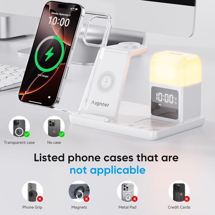 Бездротова зарядка Induktive для iPhone 17/16/15/14/13/12, 6-в-1 з нічною лампою та будильником, сумісна з Apple Watch та AirPods (Біла)