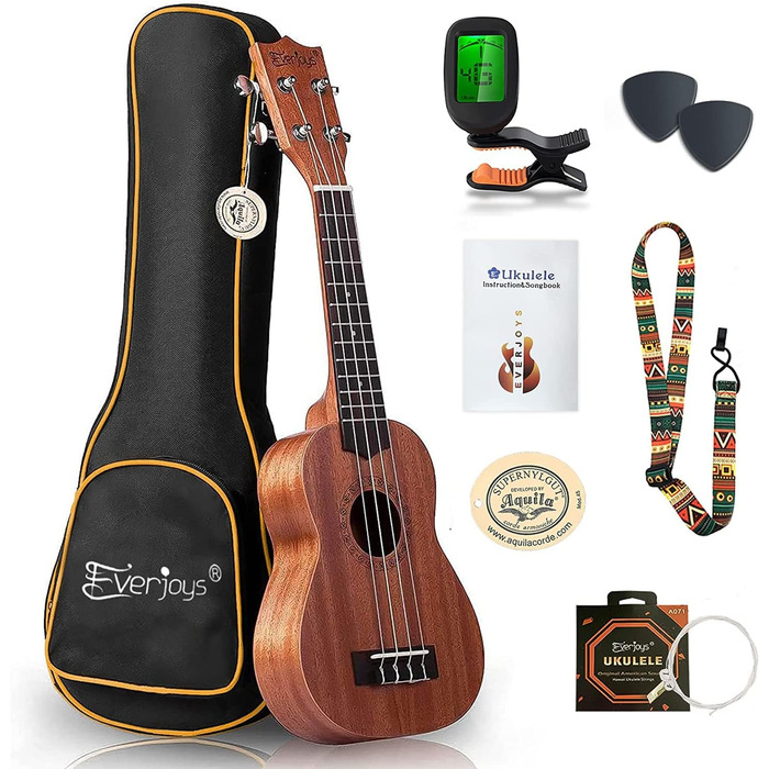 Укулеле Everjoys Sopran 21 дюйм: стартовий набір для дорослих з чохлом, тюнером, нотами та плектром