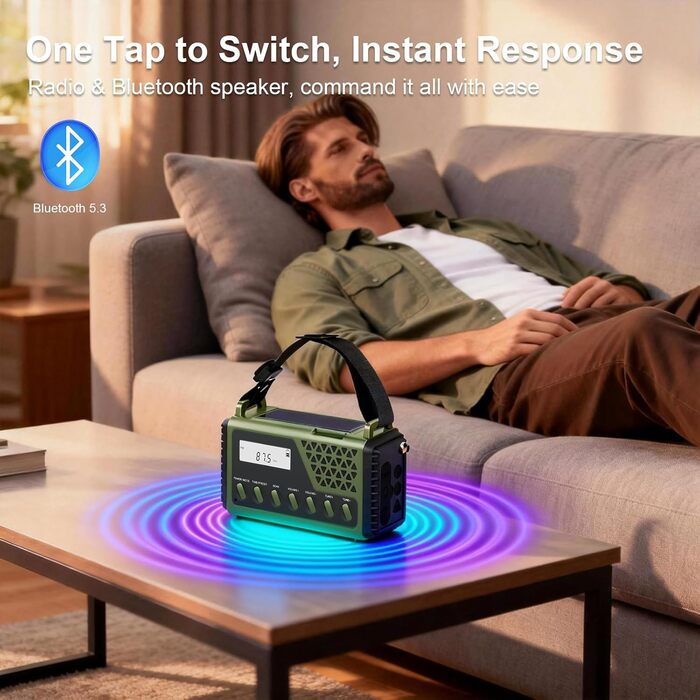 Сонячне радіо на ручку з Bluetooth, AM/FM/SW аварійне радіо з Powerbank 10000mAh, радіо на батарейках з SOS-сигналом, компас, LED-ліхтарик, лампа для читання, для відключення електроенергії, виживання, кемпінгу