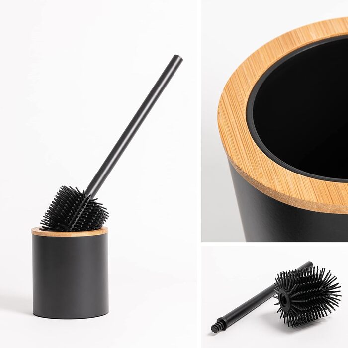 Торгова щітка для унітазу з тримачем з дерева | Силіконова щітка для унітазу з нержавіючої сталі | Тримач для щітки з натурального бамбука | Настільна щітка для ванної кімнати | Чорний колір