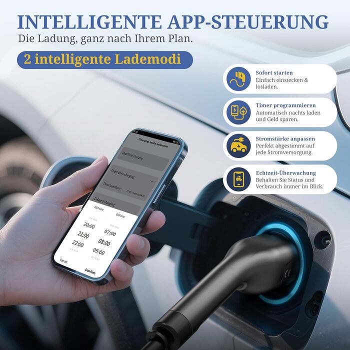 Wallbox 11 кВт з додатком, 400V (8-16A) трифазний, мобільна зарядка 7M, кабель CEE Typ 2, IP66, OLED, для електромобілів Model Y/3, ID.3/4/5, MG4, Zoe та інших PHEV/EV, 22 кВт, 32A, CE&TÜV