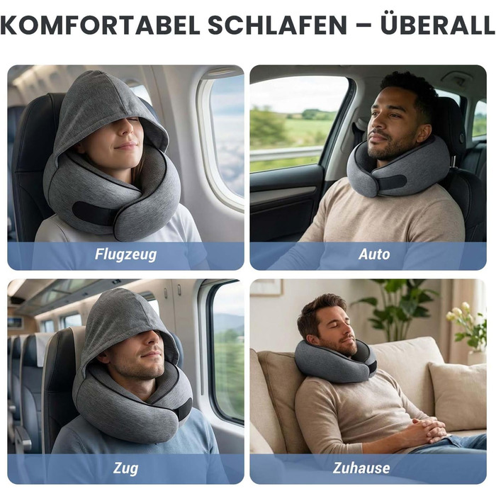 Подушка для подорожей з капюшоном, Memory Foam, темно-сіра. Підтримка шиї для літака, авто та дому